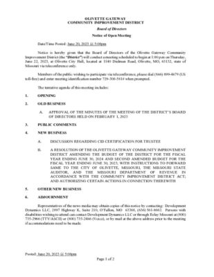 thumbnail of Notice of CID Board Meeting Olivette Gateway CID June 2023